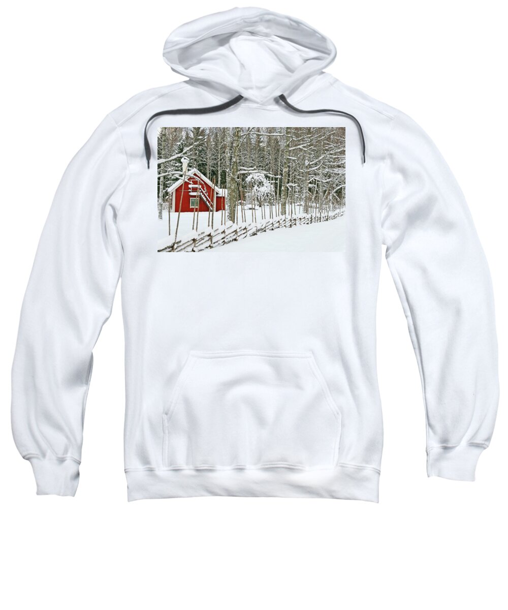 House Sweatshirt featuring the photograph Little red house covered by snow by GoodMood Art
