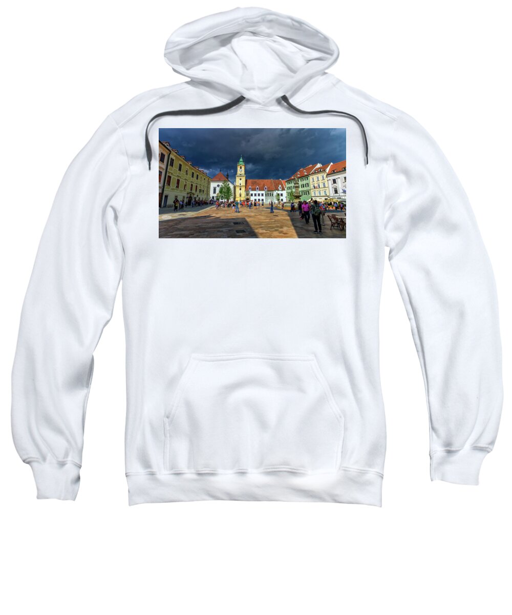 Slovakia Sweatshirt featuring the photograph Main square in the old town of Bratislava, Slovakia by Elenarts - Elena Duvernay photo