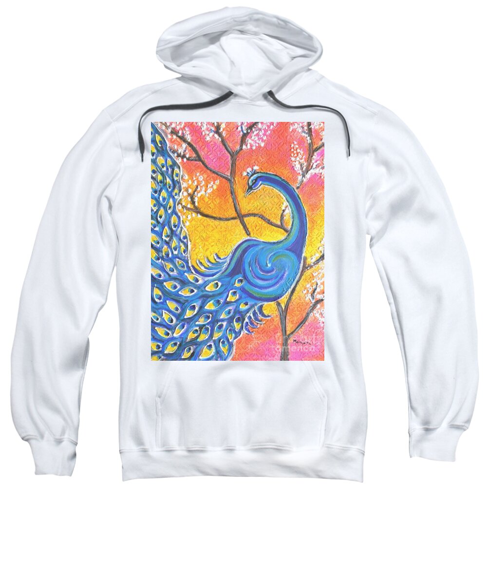 Peacock Sweatshirt featuring the painting Majestic Peacock colorful Textured art by Manjiri Kanvinde