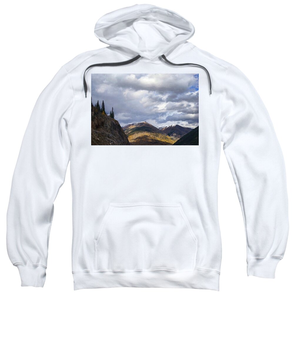 Mountains; Clouds; Colorado; Snow; Autumn; Late Fall; Evergreens; Pine Trees; Aspins; Rocks; Scenic; Landscape; Stormy; Shadows; San Juan Skyway; San Juan Mountains Sweatshirt featuring the photograph Peeking at the Peaks by Theo O'Connor