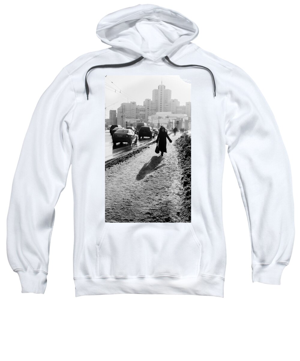 Photography Sweatshirt featuring the photograph Old Woman Walking Snow Street Footpath City by John Williams