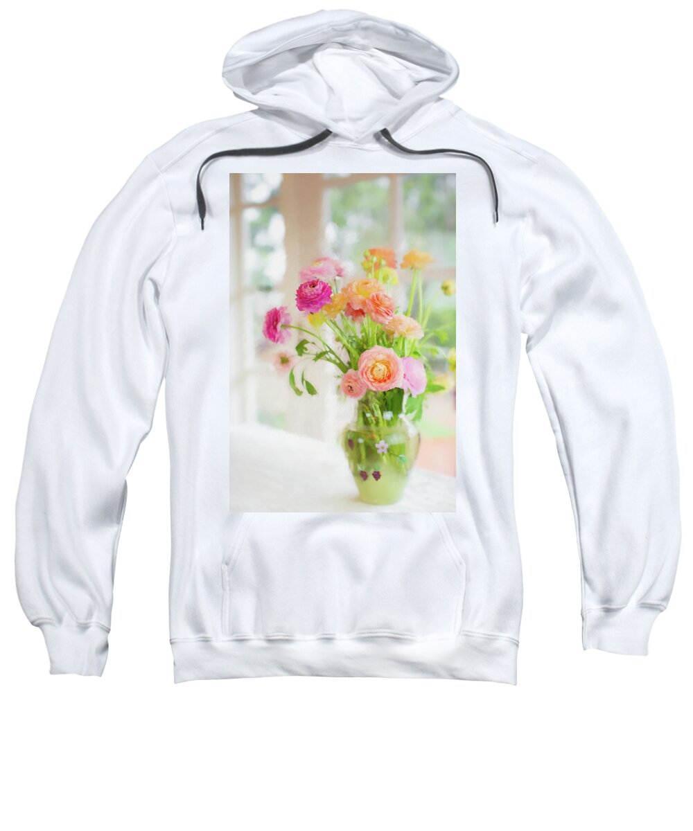 Ranunculus Sweatshirt featuring the photograph Painterly Spring Morning Floral by Susan Gary
