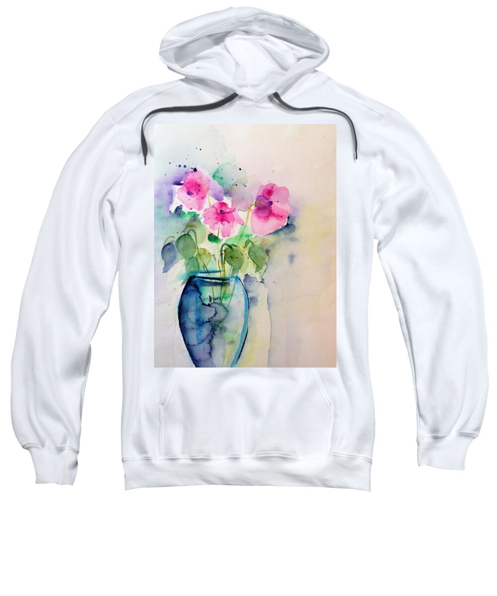 Three Sweatshirt featuring the painting Pink Flowers In The Vase by Britta Zehm