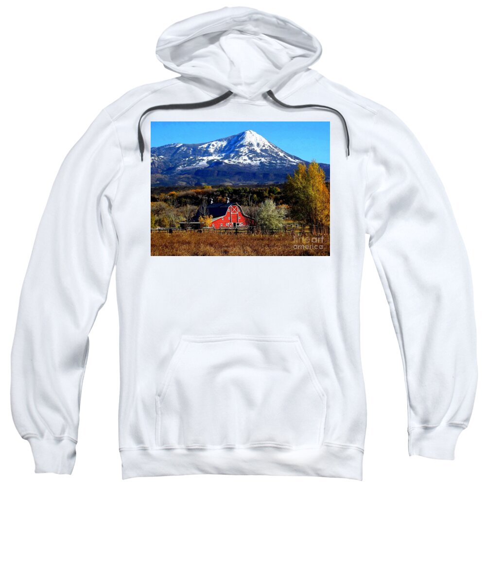 First Snow Sets Off Peak With Red Barn In Fore Ground Paonia Colorado Sweatshirt featuring the digital art Red Barn in Paonia Colorado by Annie Gibbons