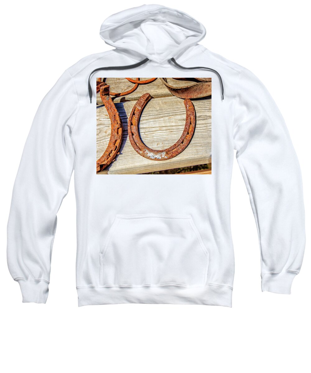 Architecture Sweatshirt featuring the photograph Rusty Horseshoes Found by Curators of the Ghost Town of St. Elmo by Peter Ciro