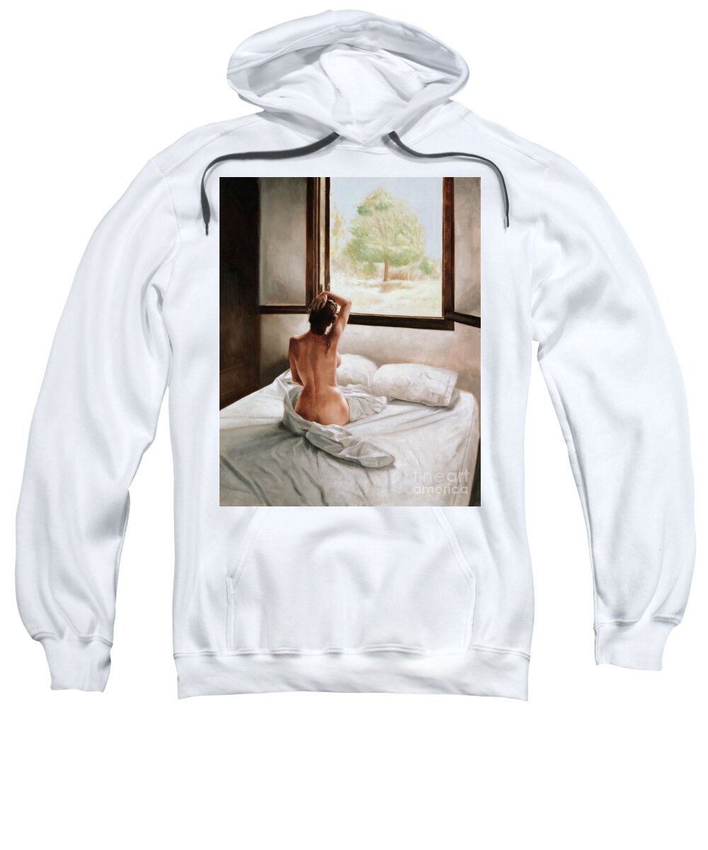 Bed; Waking Up; Female; Woman; Nude; Bedsheets; Sheets; Window; View; Tree Sweatshirt featuring the painting September Morning by John Worthington