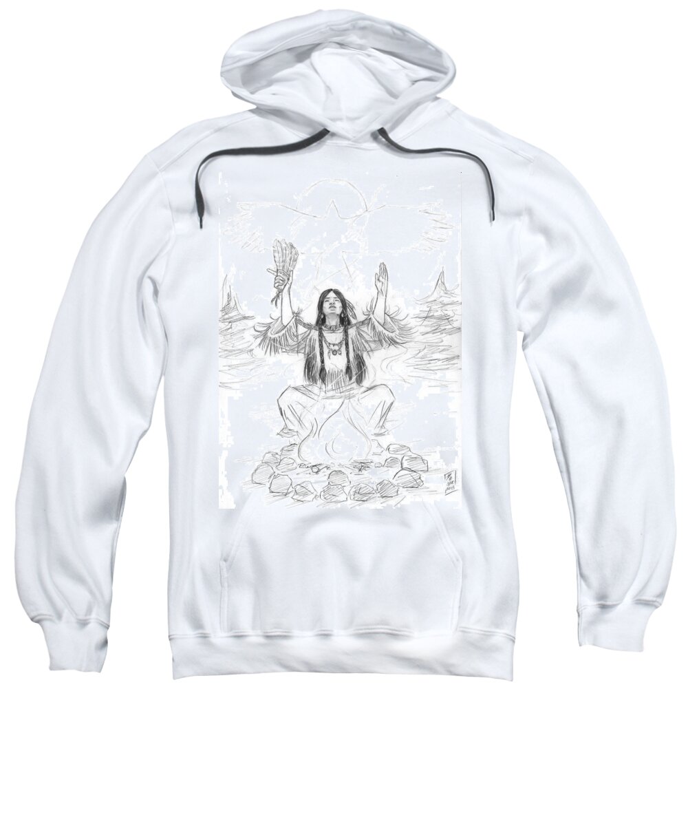 First Nations Sweatshirt featuring the drawing Shaman's Breath by Brandy Woods