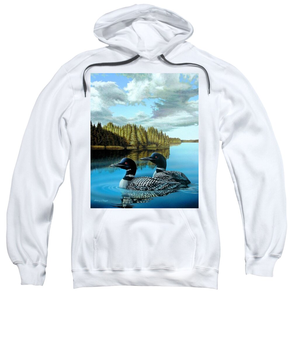 Loons Sweatshirt featuring the painting South Bay Loons by Anthony J Padgett