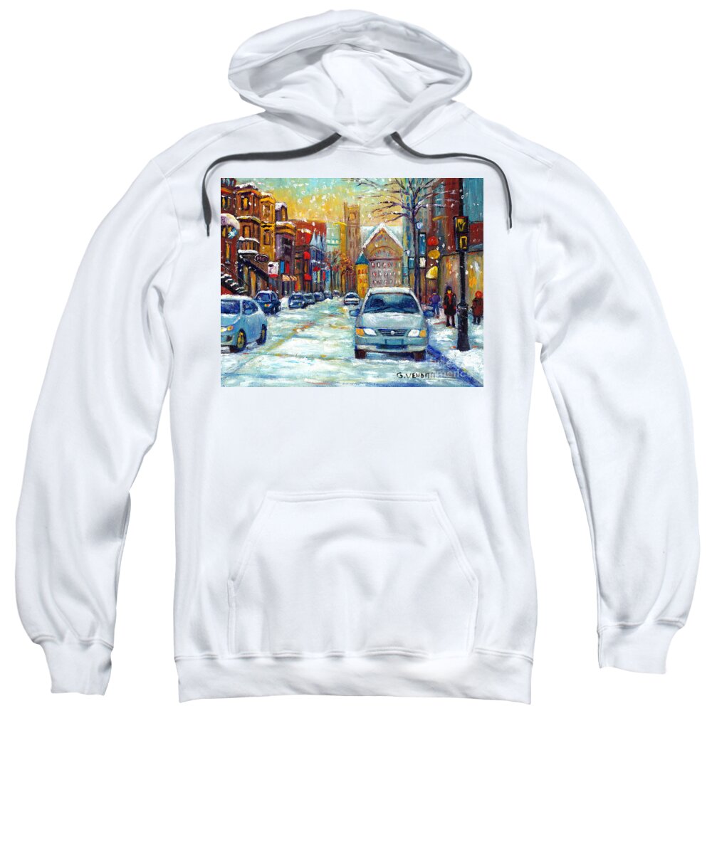 Montreal Sweatshirt featuring the painting Sparkling Snow Falling On Crescent Street Downtown Montreal Painting For Sale by Grace Venditti