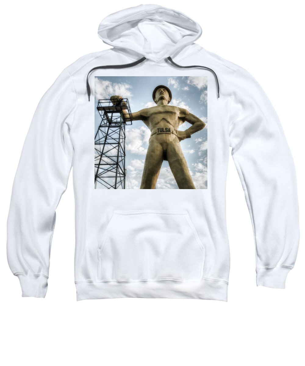 America Sweatshirt featuring the photograph Square Format Tulsa Oklahoma Golden Driller - Vintage by Gregory Ballos