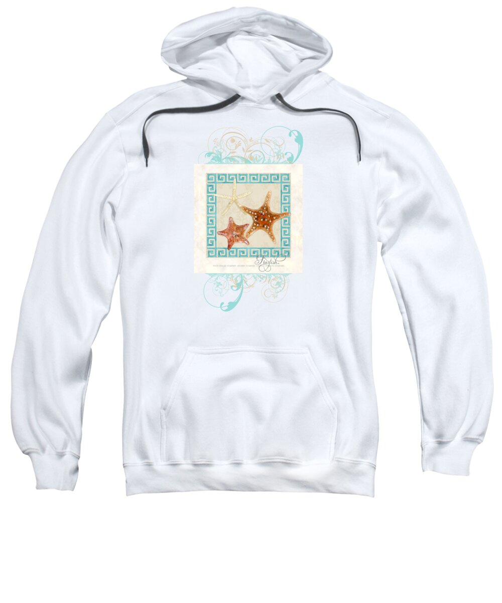 White Finger Starfish Sweatshirt featuring the painting Starfish Greek Key Pattern w Swirls by Audrey Jeanne Roberts
