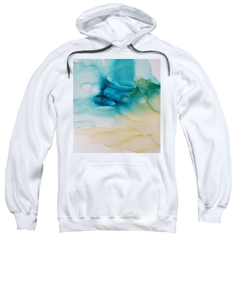 Landscape Turquoise Aqua Cream Green Blue White Decor Summer Sunshine Ocean Beach Abstract Alcohol Ink Yupo Sweatshirt featuring the painting Summer Day by Kelly Dallas