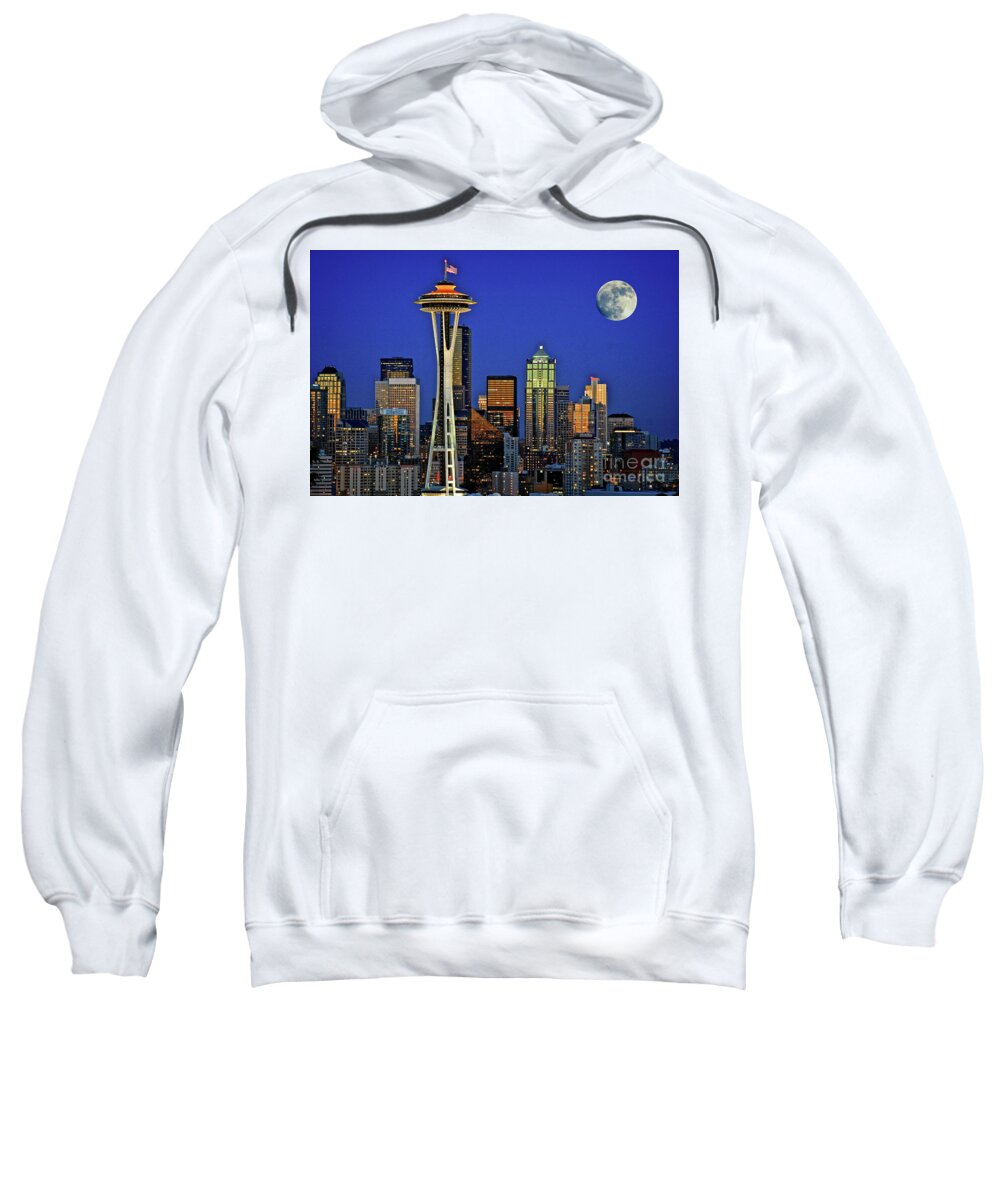 Seattle Skyline Sweatshirt featuring the photograph Super Moon Over Seattle by Sal Ahmed