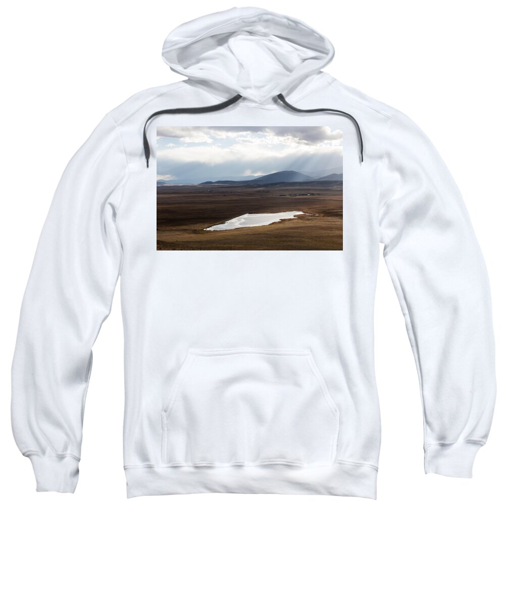 Carol M. Highsmith Sweatshirt featuring the photograph Sweeping plain and a small lake between mountain foothills near Fairplay in Park County by Carol M Highsmith