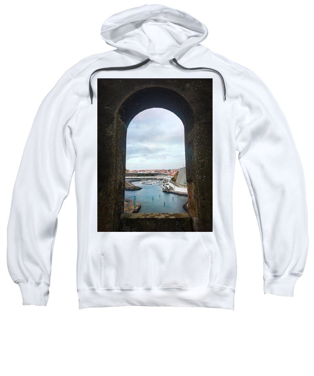 Kelly Hazel Sweatshirt featuring the photograph The Port of Angra do Heroismo from a window in Forte de Sao Sebastiao by Kelly Hazel