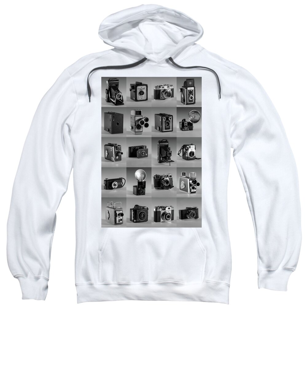 Old Camera Sweatshirt featuring the photograph Twenty Old Cameras - Black and White by Art Whitton