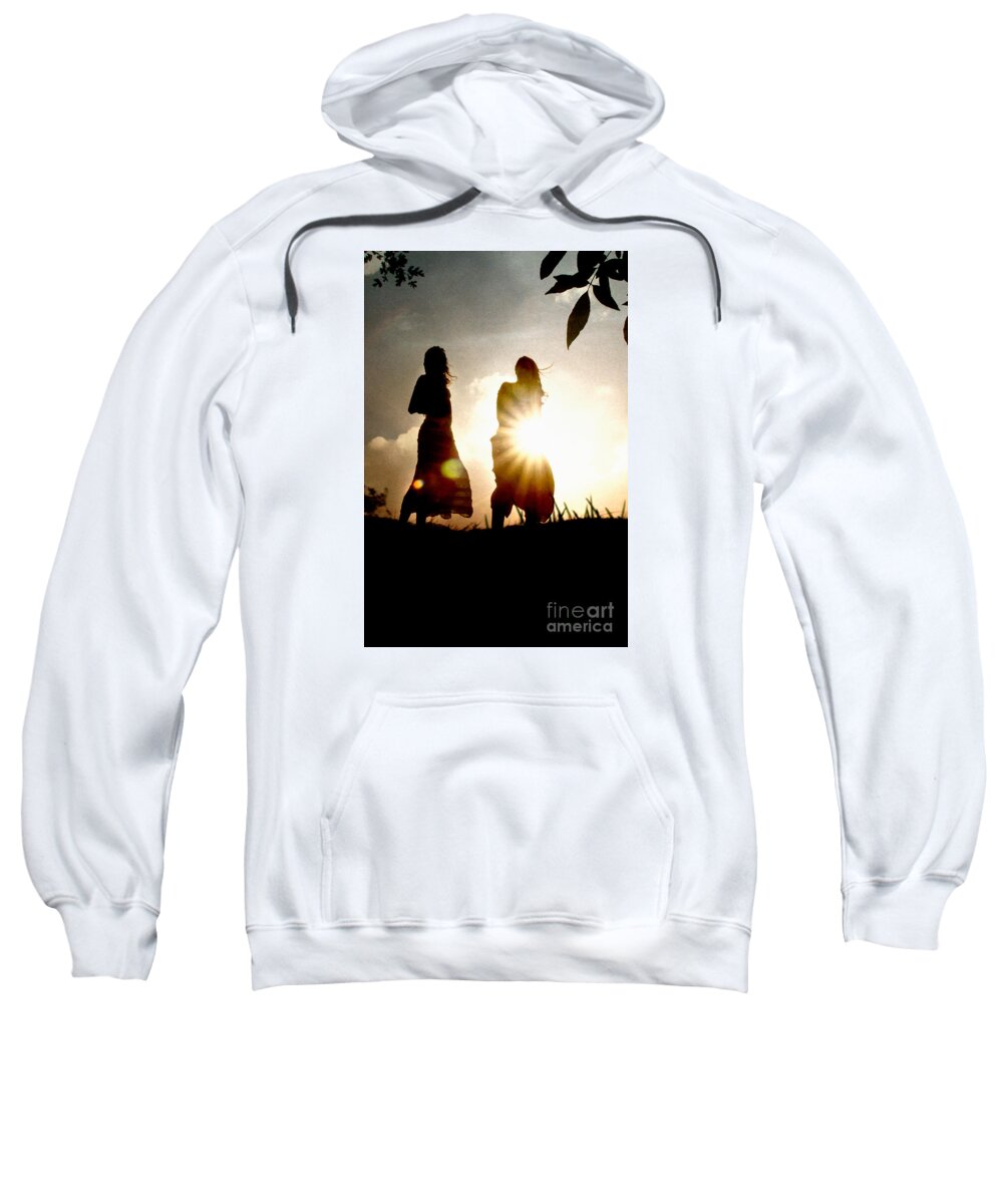 Sun Sweatshirt featuring the photograph Two girls and sunburst by Clayton Bastiani