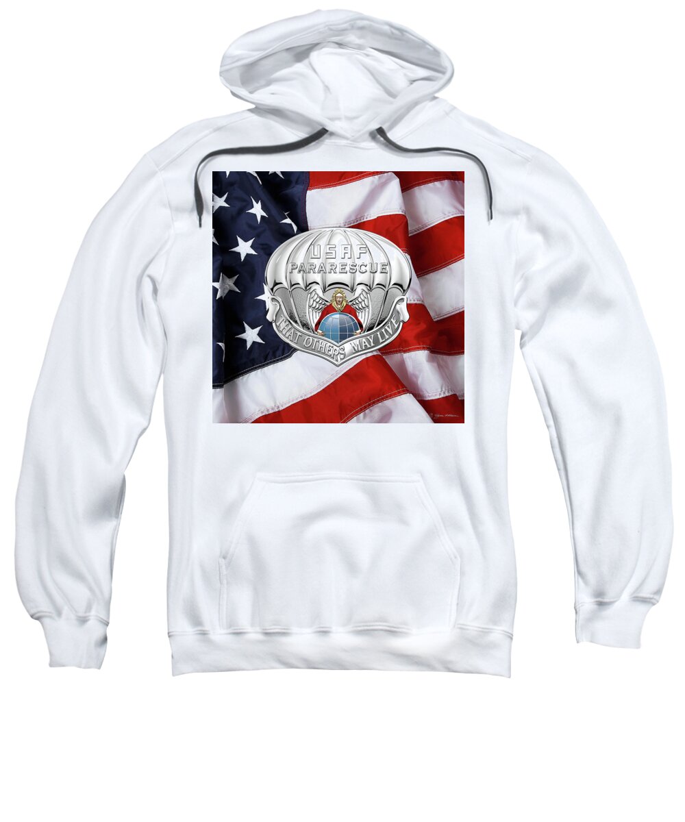 'military Insignia & Heraldry' Collection By Serge Averbukh Sweatshirt featuring the digital art U. S. Air Force Pararescuemen - P J Badge over American Flag by Serge Averbukh