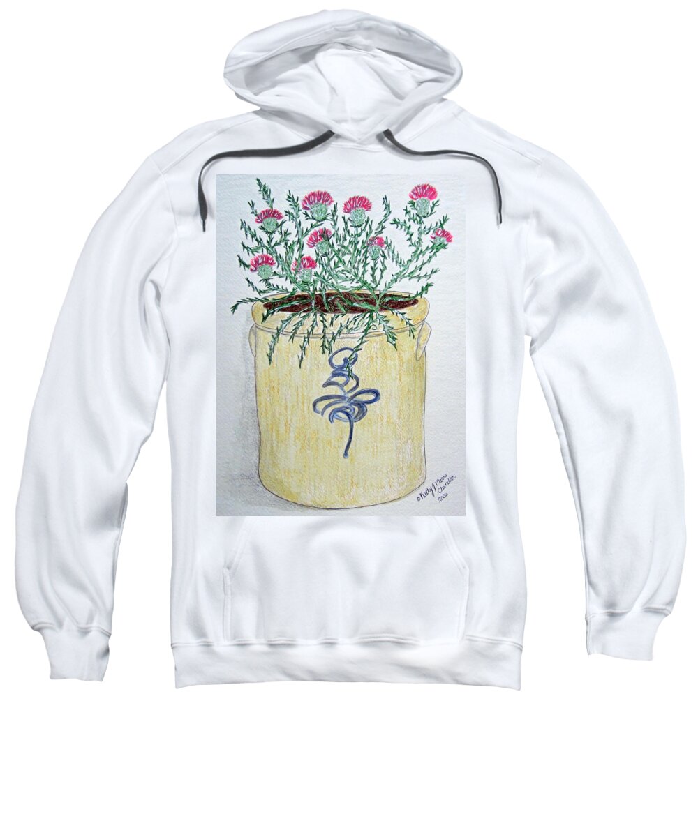 Vintage Sweatshirt featuring the painting Vintage Bee Sting Crock and Thistles by Kathy Marrs Chandler