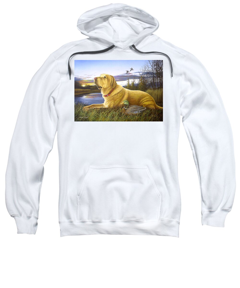 Yellow Lab Sweatshirt featuring the painting Yellow Lab with Decoy by Anthony J Padgett