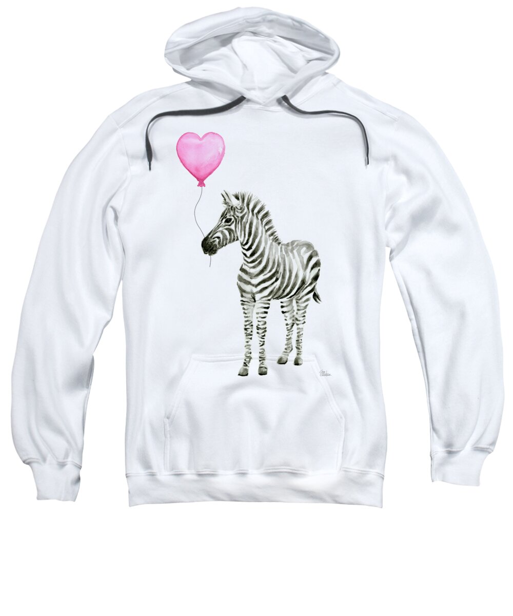 Zebra Sweatshirt featuring the painting Zebra Watercolor Whimsical Animal with Balloon by Olga Shvartsur