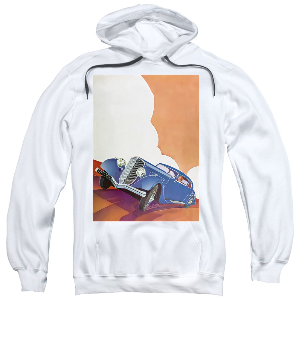 Vintage Sweatshirt featuring the mixed media 1934 Panhard With Woman Driver At Speed Original French Art Deco Illustration by Retrographs