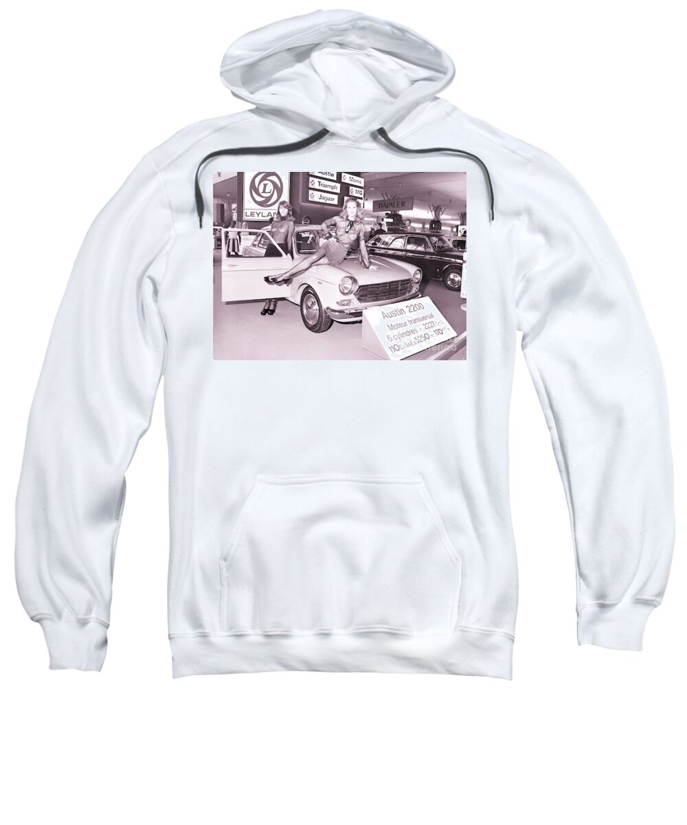 Vintage Sweatshirt featuring the photograph 1960s Motor Show Austin 2200 With Women In See Thru Clothes by Retrographs