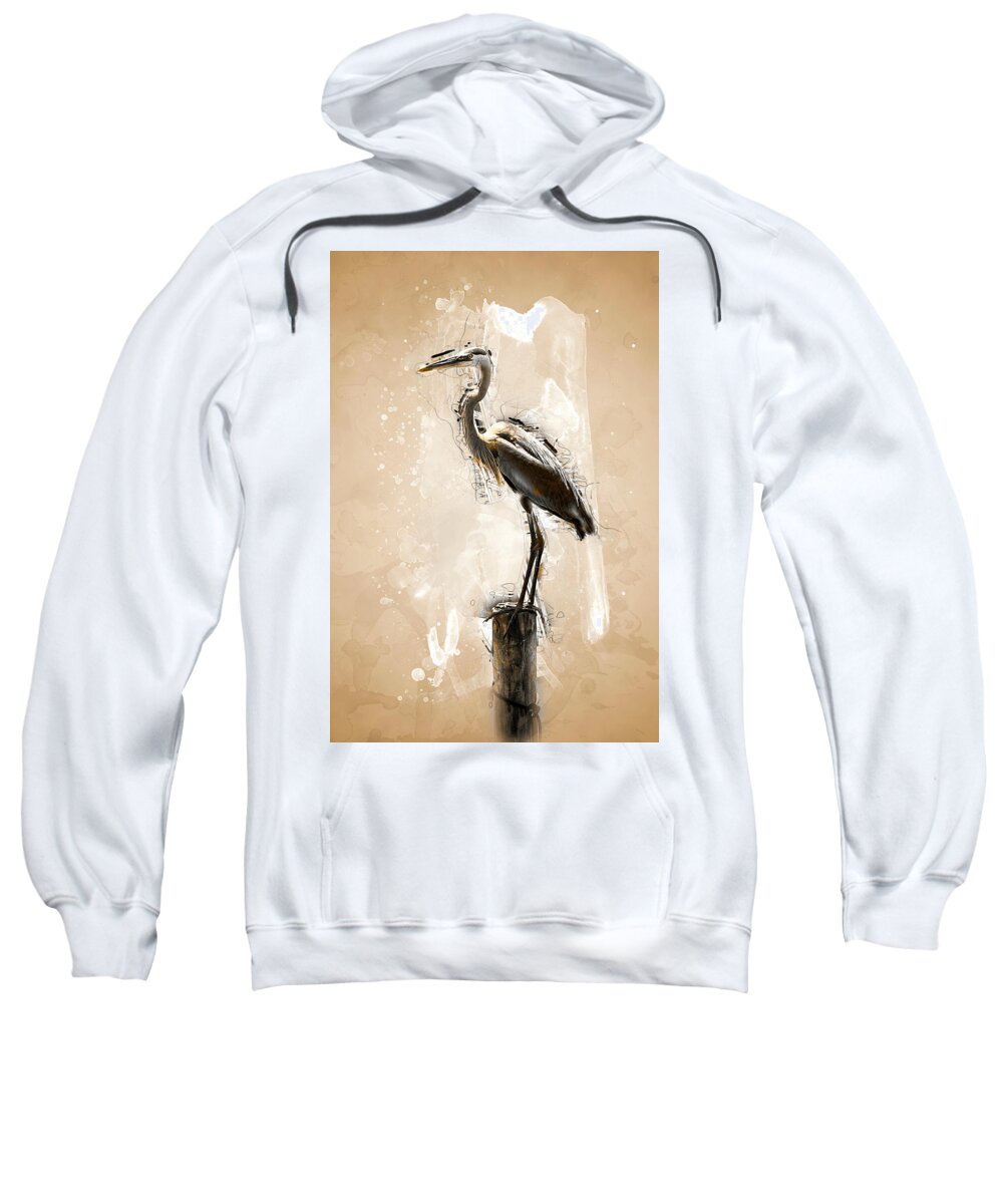 Heron Sweatshirt featuring the digital art Heron on Post by Pheasant Run Gallery