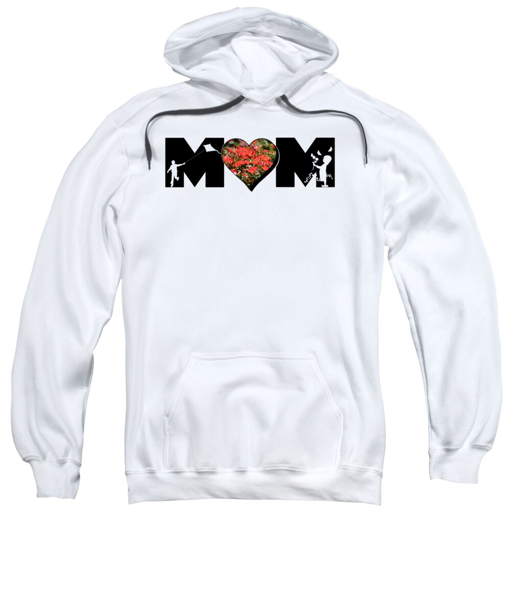 Mom Sweatshirt featuring the photograph Little Girl and Boy Silhouette in Mom Big Letter with Cluster of Red Roses in Heart by Colleen Cornelius