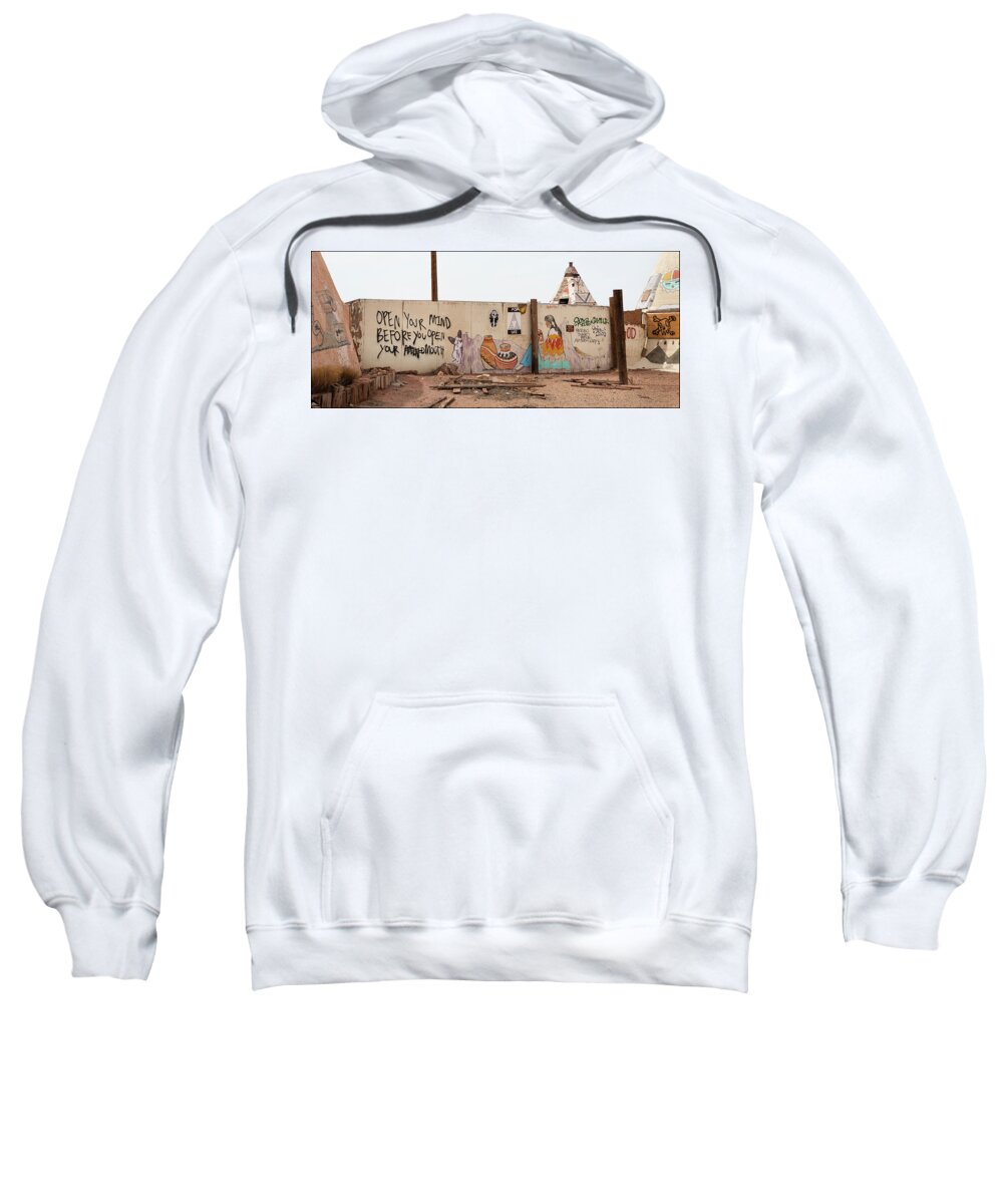 Meteor Canyon Sweatshirt featuring the photograph Meteor Canyon Trading Post, fence by Andy Romanoff