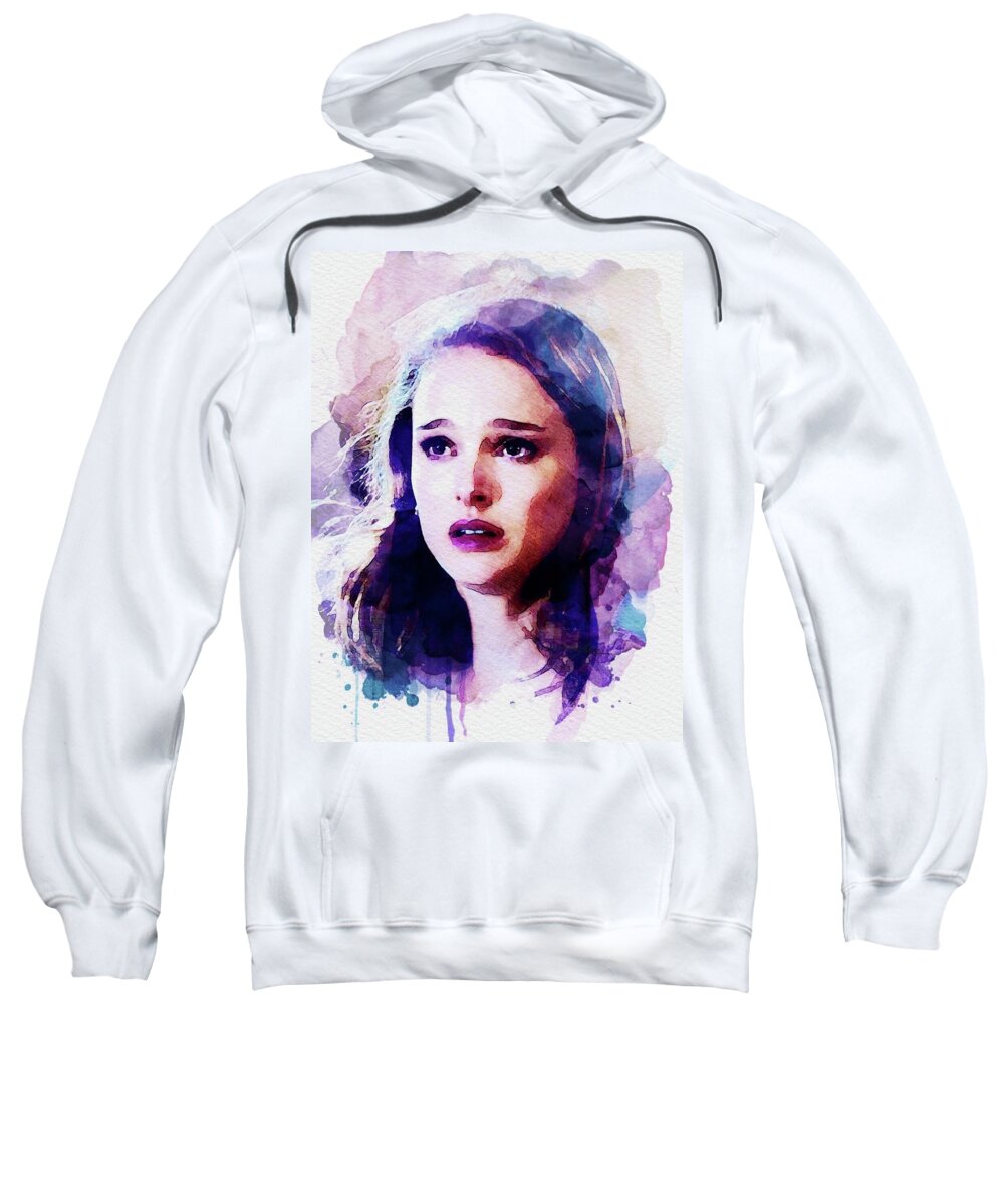 Natalie Portman Sweatshirt featuring the mixed media Natalie - No Strings Attached by Shehan Wicks