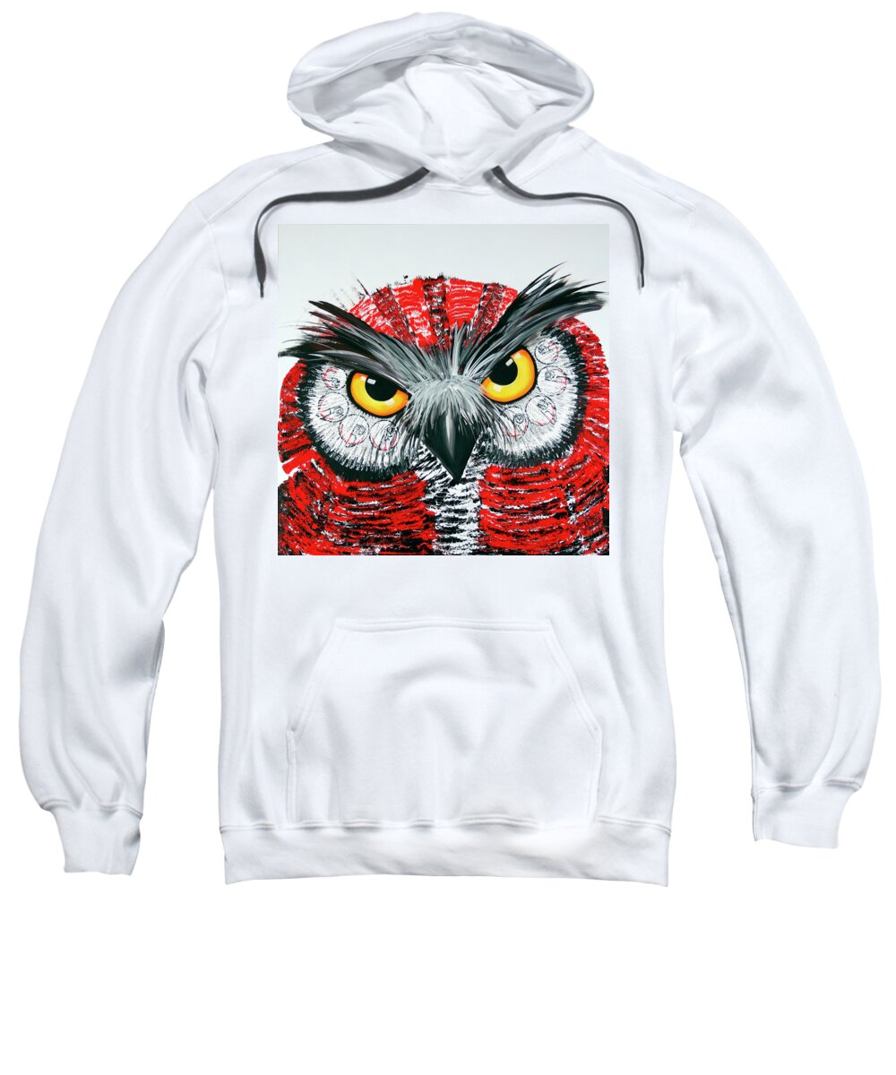 Owl Sweatshirt featuring the painting OL Red White Black by Laurel Bahe