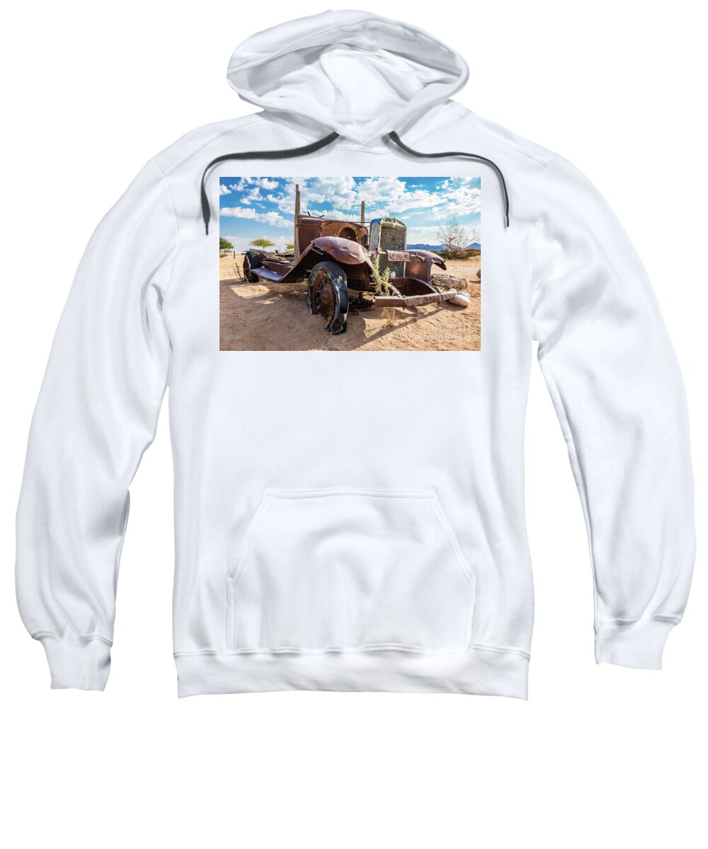 Car Sweatshirt featuring the photograph Old and abandoned car #3 in Solitaire, Namibia by Lyl Dil Creations