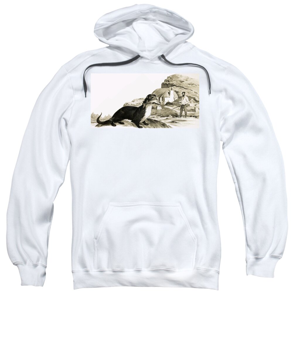 Otter With Fish Sweatshirt featuring the painting Otter With Fish, And Man Fishing by James Edwin Mcconnell