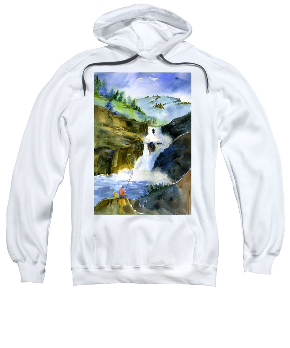 American River Sweatshirt featuring the painting Petroglyph Falls Fishing by Joan Chlarson