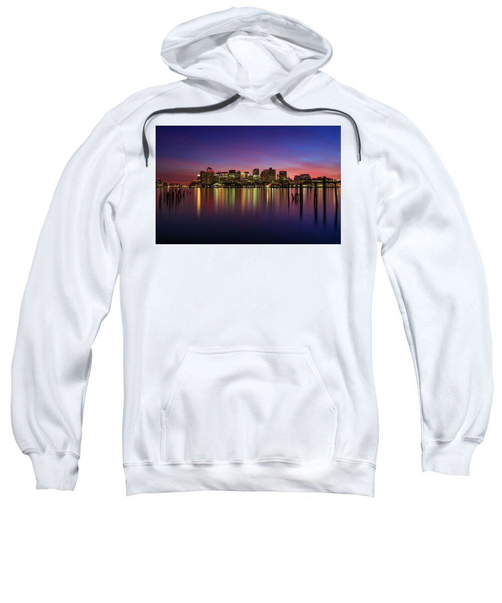 Boston; City; Cityscape; Color; Colorful; Sunset; Lo Presti Park; Posts; Old; Skyscrapers; Custom House; Long Exposure; Calm; Winter; Lights; Reflections; Harbor; Historic; Beantown; Massachusetts; New England; Rob Davies; Photography Sweatshirt featuring the photograph Reflections of Boston II by Rob Davies
