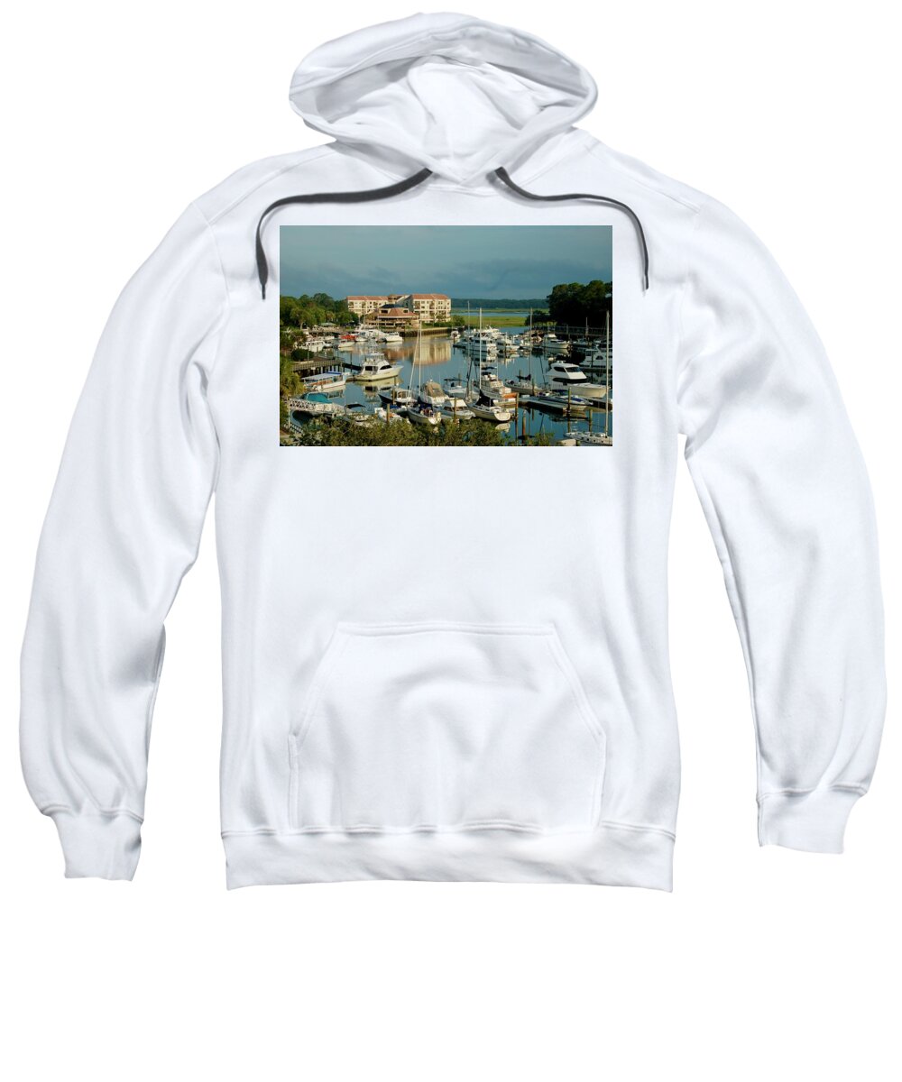 Shelter Cove Marina Sweatshirt featuring the photograph Shelter Cove Marina by Dennis Schmidt