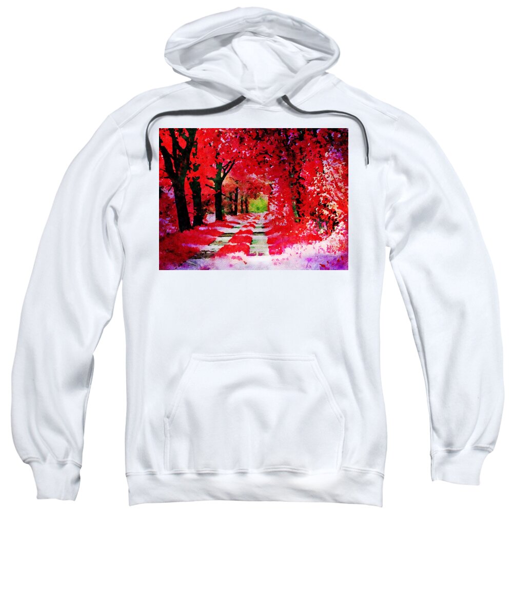 Red Sweatshirt featuring the painting The red autumn forest - Watercolor by Patricia Piotrak