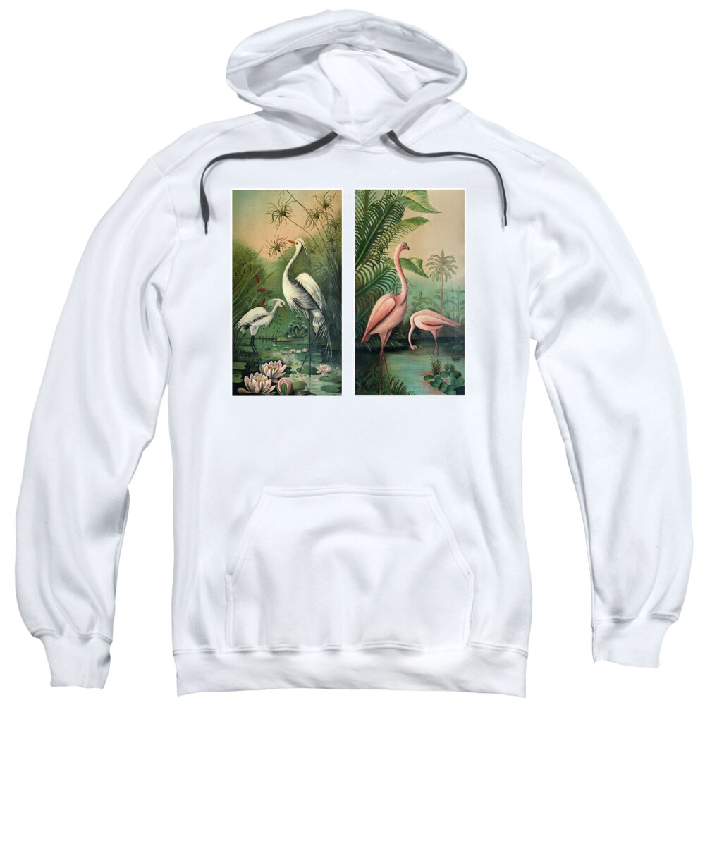 Vintage Sweatshirt featuring the painting Vintage Paintings Egrets and Flamingos 1 by Marilyn Hunt
