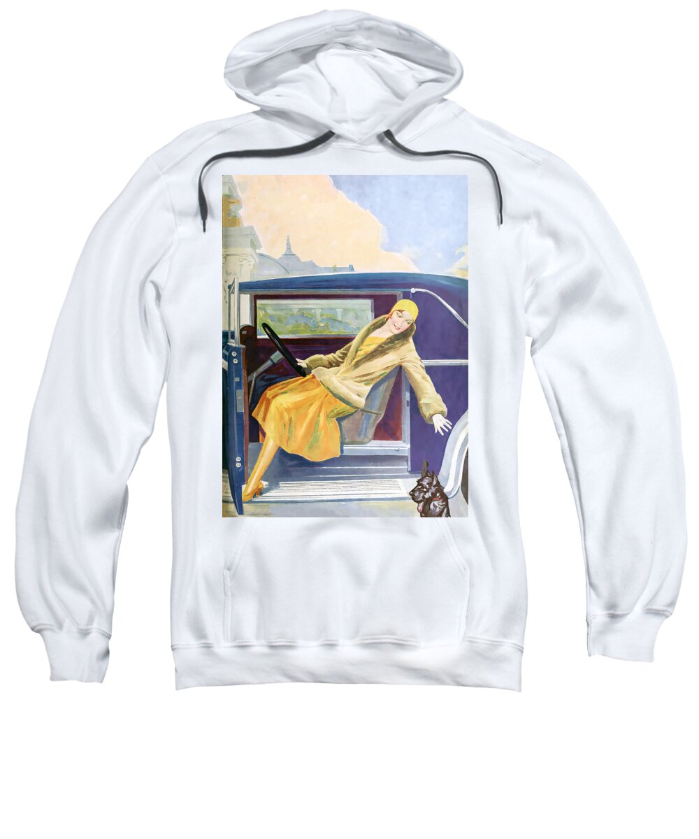 Vintage Sweatshirt featuring the mixed media Woman And Dog 1931 Vehicle Original French Art Deco Illustration by Retrographs