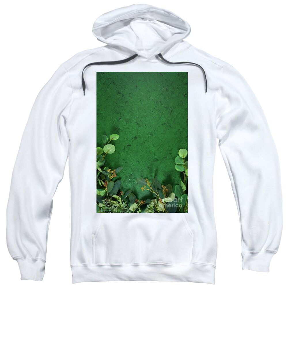 Dark Green Sweatshirt featuring the photograph Dark green aesthetic nature theme creative layout flat lay background. #1 by Milleflore Images