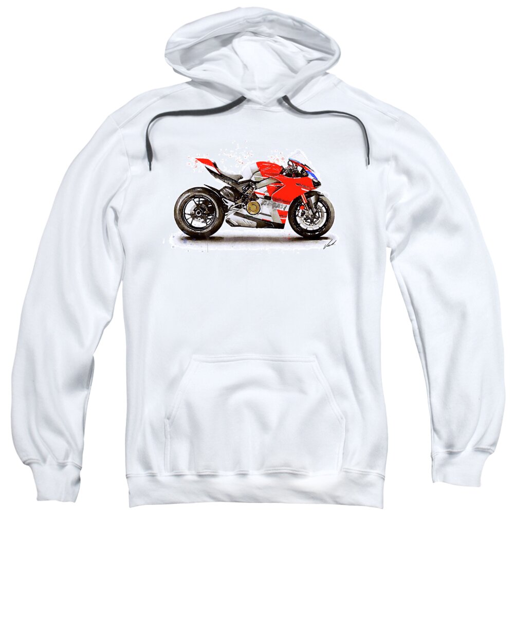 Sport Sweatshirt featuring the painting Watercolor Ducati Panigale V4S motorcycle, oryginal artwork by Vart #1 by Vart Studio