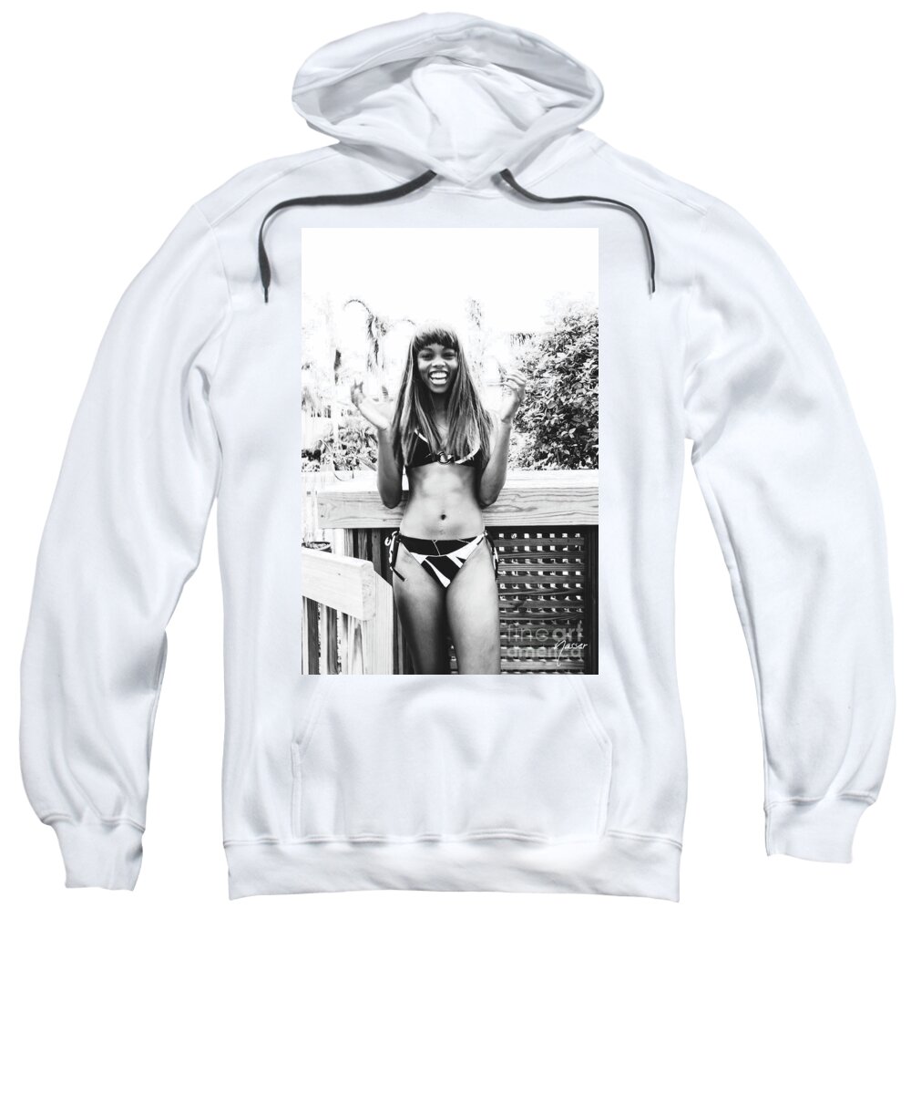 Two Girls Fun Fashion Photo Art Sweatshirt featuring the photograph 1189 Dominique Weekend Girls Party Cranes Beach House Delray by Amyn Nasser