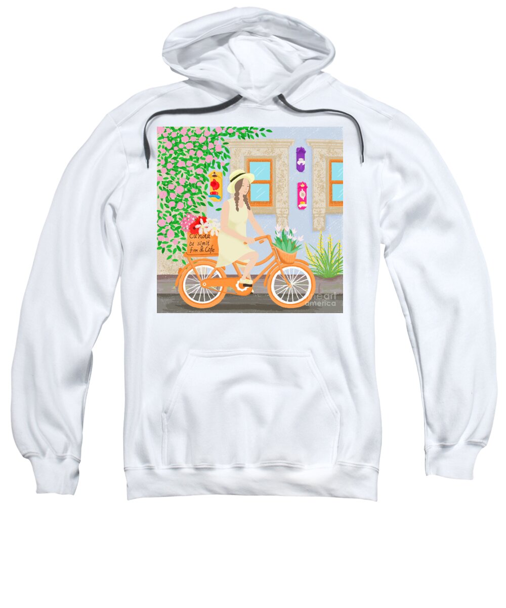 Girl Sweatshirt featuring the drawing A girl on a bicycle by Min Fen Zhu