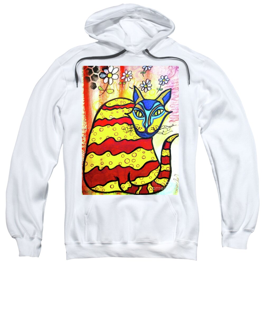 Cat Sweatshirt featuring the mixed media ANTOINE the DaisyLoving AlleyCat by Mimulux Patricia No
