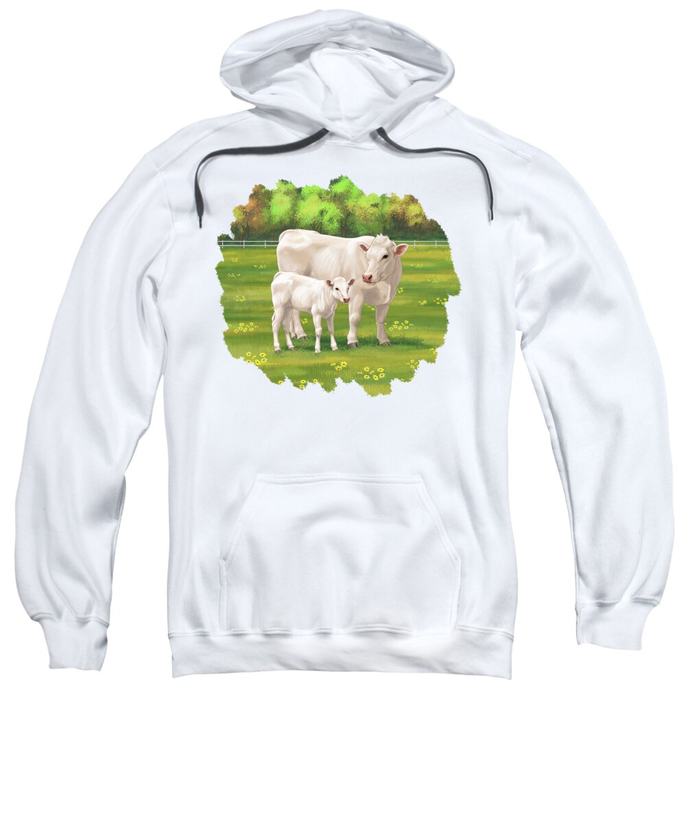 Cows Sweatshirt featuring the digital art White Cream Charolais Cow and Cute Calf in Summer Pasture by Crista Forest