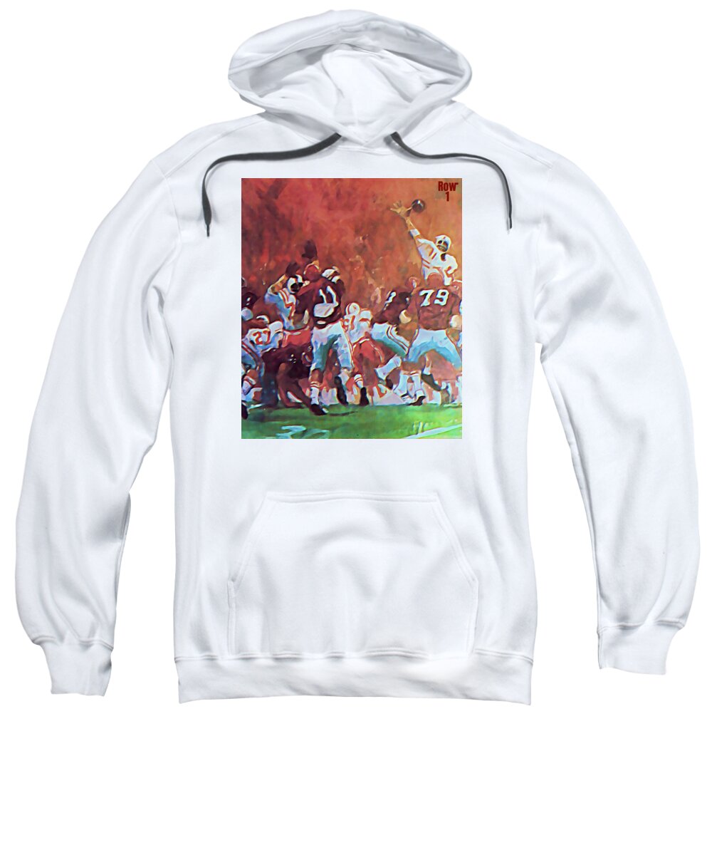 Oklahoma Sweatshirt featuring the mixed media 1971 Oklahoma vs. Nebraska Game of the Century Art by Row One Brand