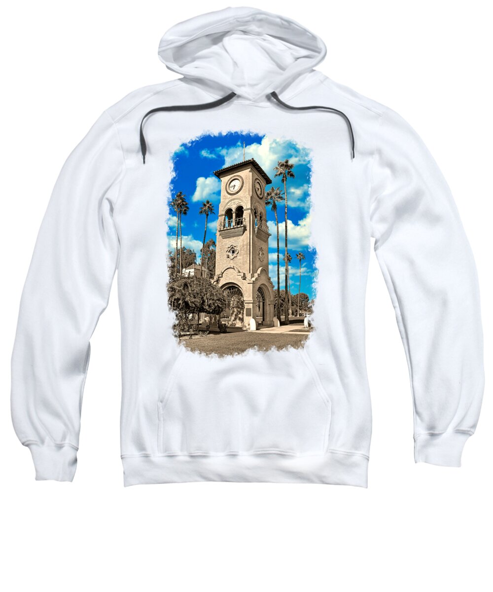 Beale Memorial Clock Tower Sweatshirt featuring the digital art Beale Memorial Clock Tower in Bakersfield, California - black and white, with the blue sky isolated by Nicko Prints