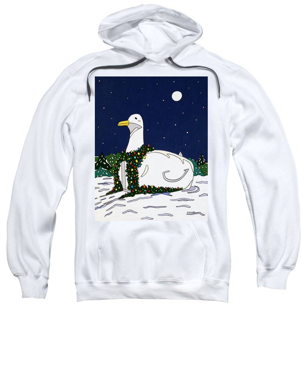 Bigduck Duck Christmas Snow Flanders Longisland Sweatshirt featuring the painting Big Duck at Christmas by Mike Stanko