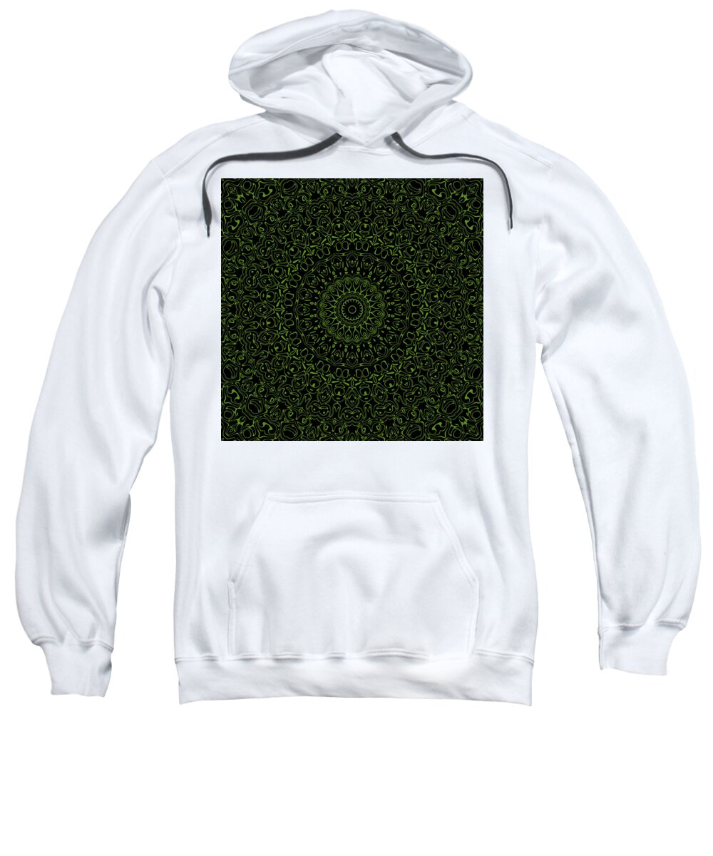 Black And Green Sweatshirt featuring the digital art Black and Green Mandala Kaleidoscope Medallion Flower by Mercury McCutcheon